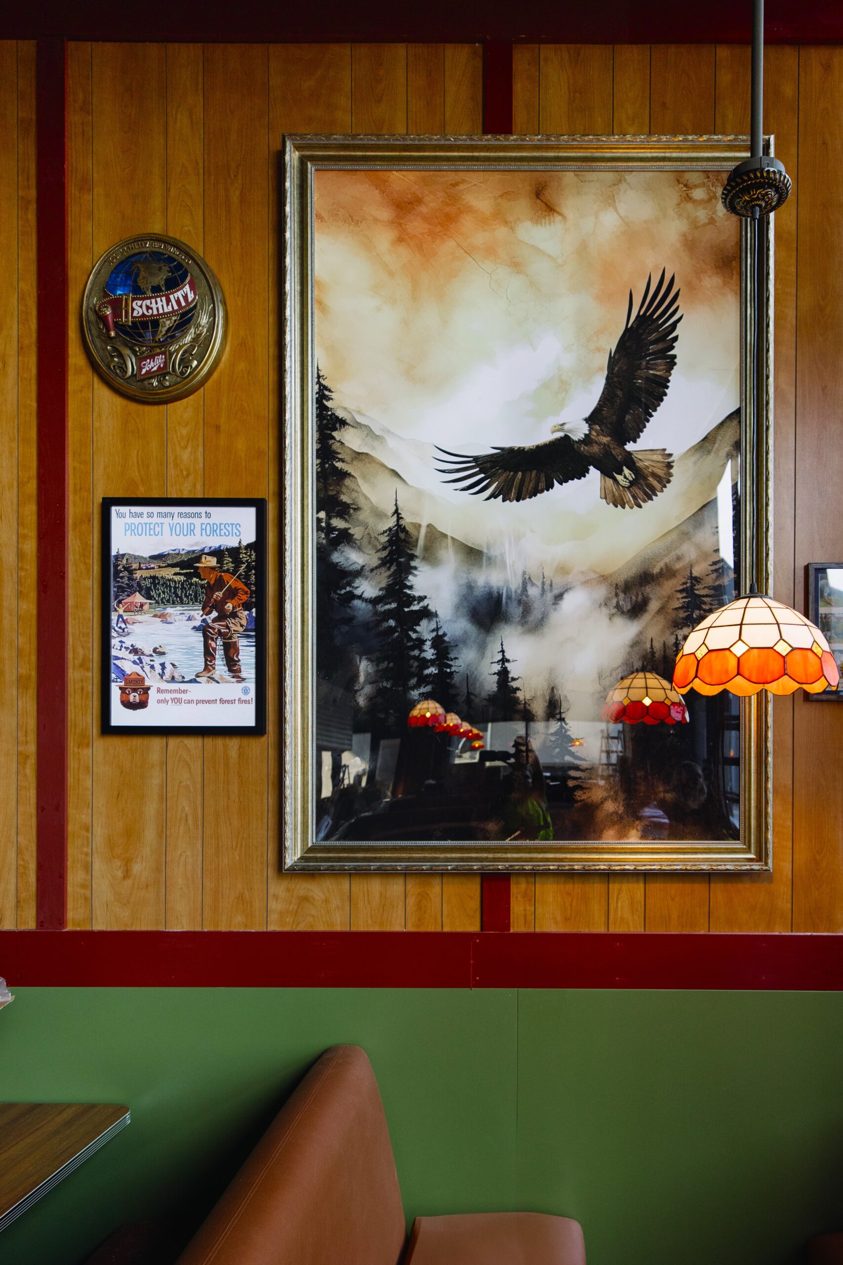 eagle framed artwork hung on wall at Big Sioux Burger